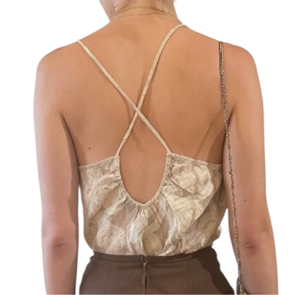 VTG Isda & Co Taupe Silk Linen Paisley Backless Sleeveless Cami Blouse Tank Top - Picture 6 of 16